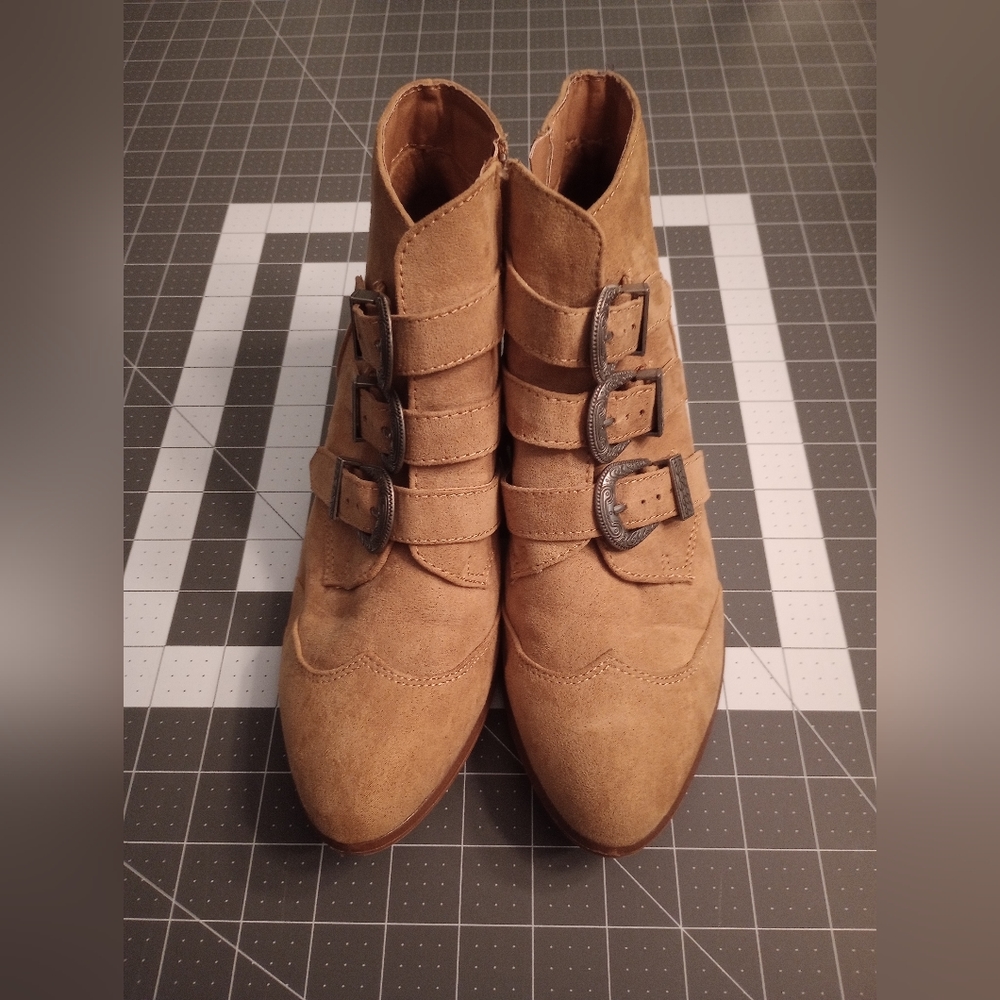 Tan booties with buckles